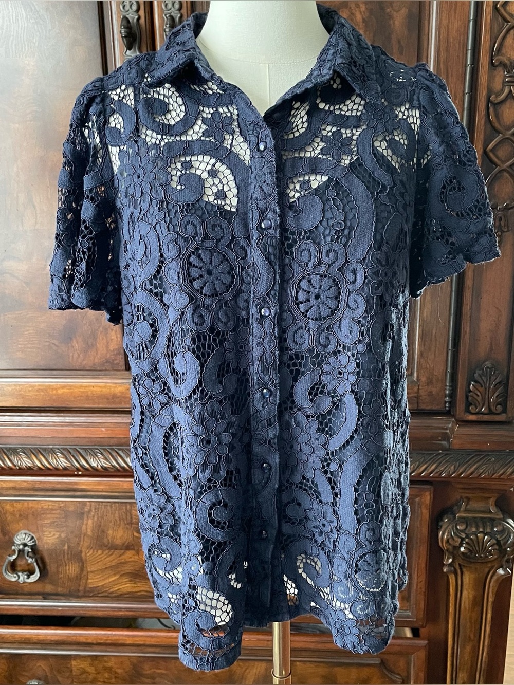 Nanette Lepore Blouse M Navy Floral Lace Button Front Top Removable Camisole